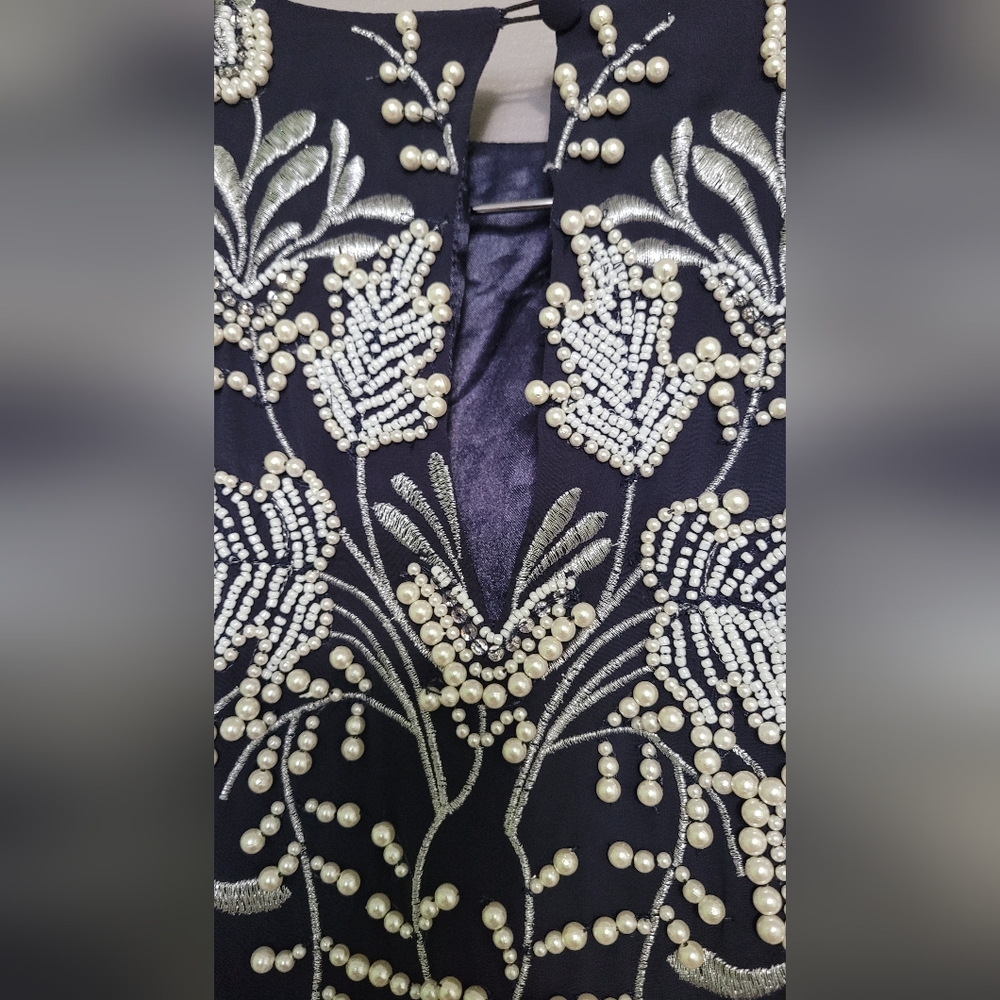 Monsoon Navy Midi Dress with White Floral Embroidery - Picture 5 of 9